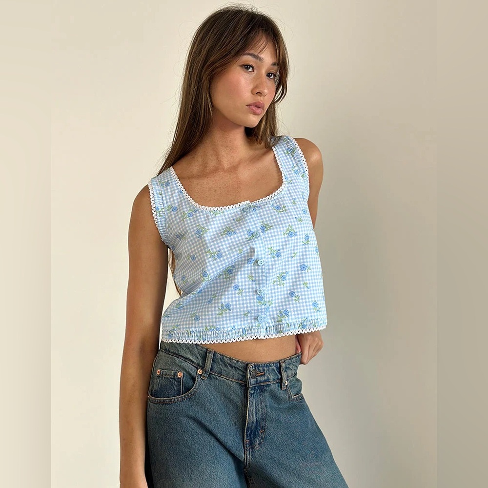 NWT Motel Rocks Ternya Coquette Ruffle Top In Blue Flower Gingham Size S